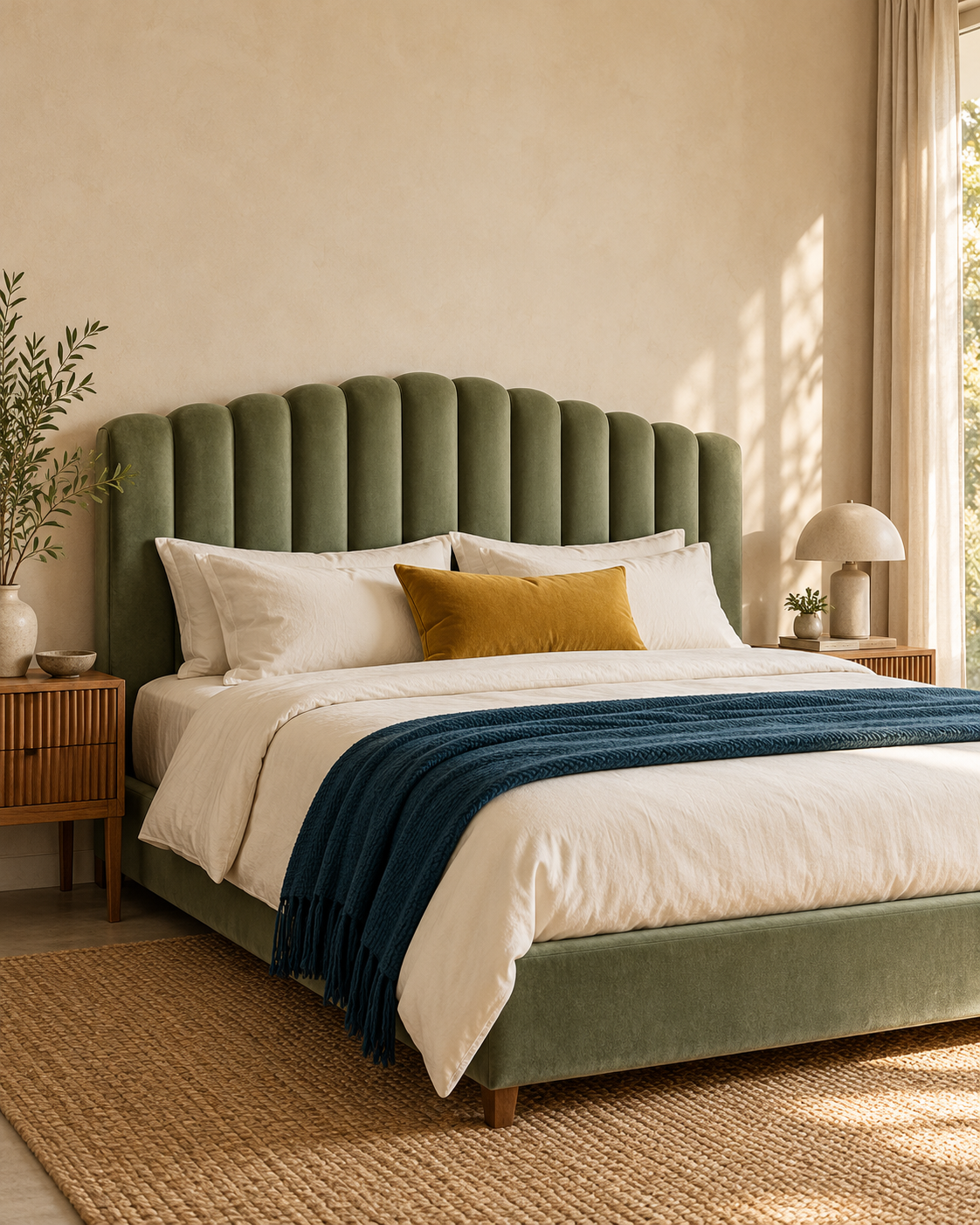 Bedroom inspiration with a sage upholstered headboard