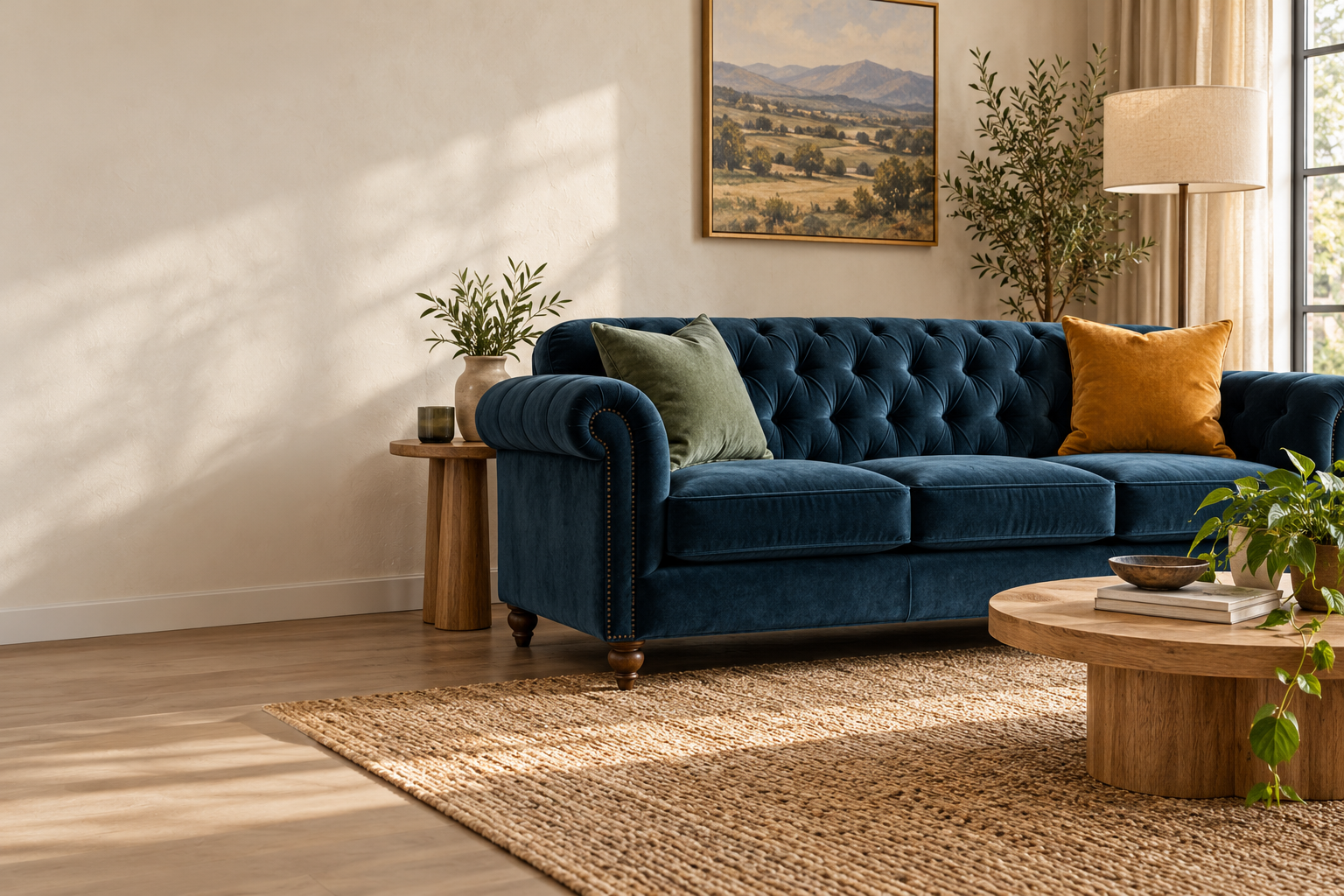 Room inspiration: a deep blue tufted sofa with sage and gold accents